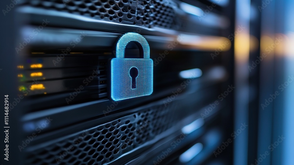 Poster Illuminated Padlock Symbol on Server Rack Indicates Data Security