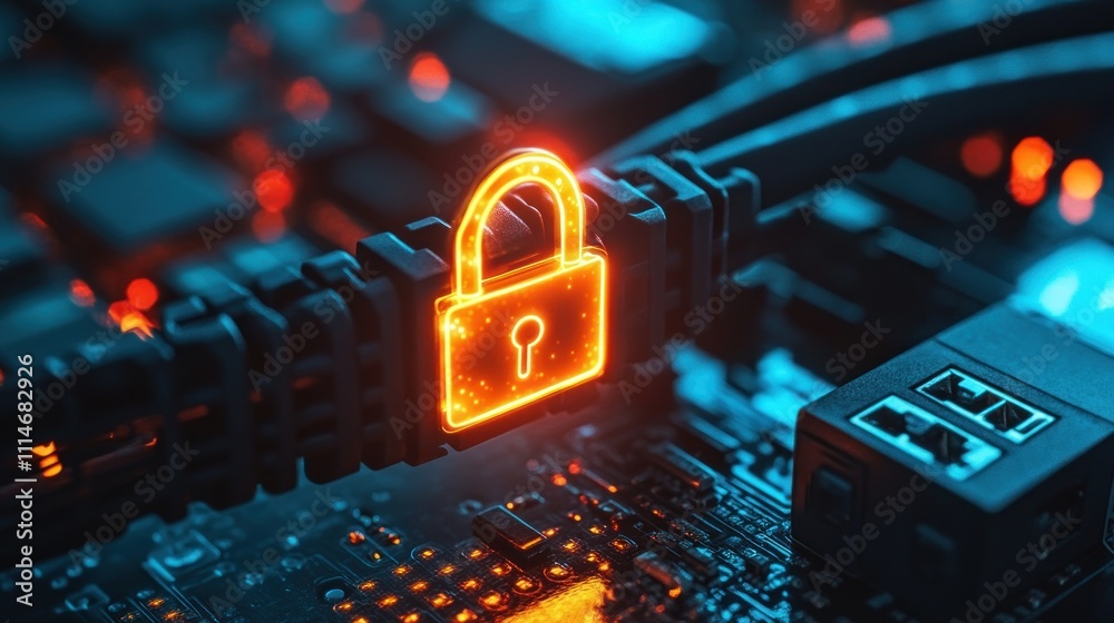 Poster glowing padlock symbol on circuit board represents digital security