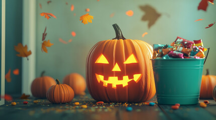 Fototapeta premium Illuminated Jack o lantern Candy Pumpkins Autumn Leaves