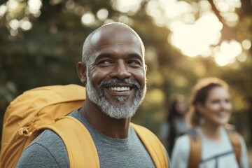 A smiling hiker wearing a bright yellow backpack stands amidst nature, bathed in warm sunlight, representing joy, adventure, and appreciation for the outdoors.