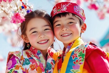 Young boy and girl joyfully dance in a garden surrounded by blooming flowers while wearing colorful traditional outfits