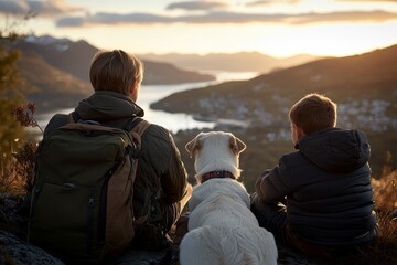 Fototapeta premium A man with a backpack, a boy, and their dog sit on a hill, looking over a scenic landscape with mountains and a lake, as the sun sets, creating a warm glow.