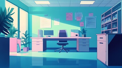 Sunlit office space with pastel colors and tropical plants. Peaceful and organized workspace.