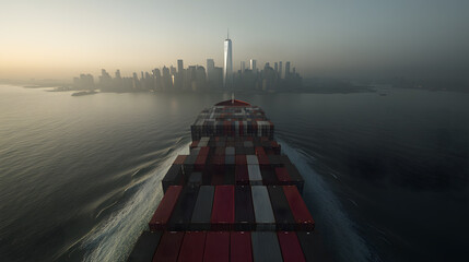 Large Container Ship Sailing on the Sea - Powerful Vessel Navigating Open Waters, Carrying Cargo Across the Ocean