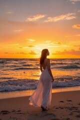 Fototapeta premium Silhouette of a Woman in a White Dress Walking Along a Sunset Beach