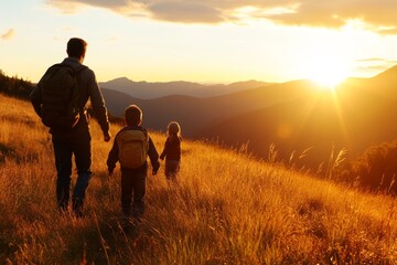 A father and two children embark on a scenic hike, silhouetted against a stunning sunset in the mountains, capturing the spirit of adventure and family bonds.