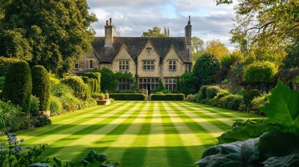 A picturesque house surrounded by a manicured garden and lush greenery.