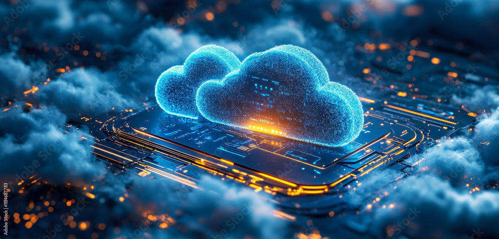 Poster futuristic cloud computing and secure online data storage with mobile connectivity banner