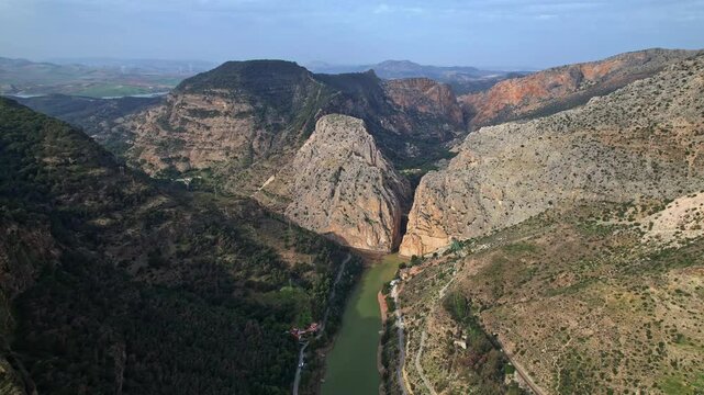 Caminito del Rey aerial views of a majestic canyon in spanish mountains of Andalusia Spain