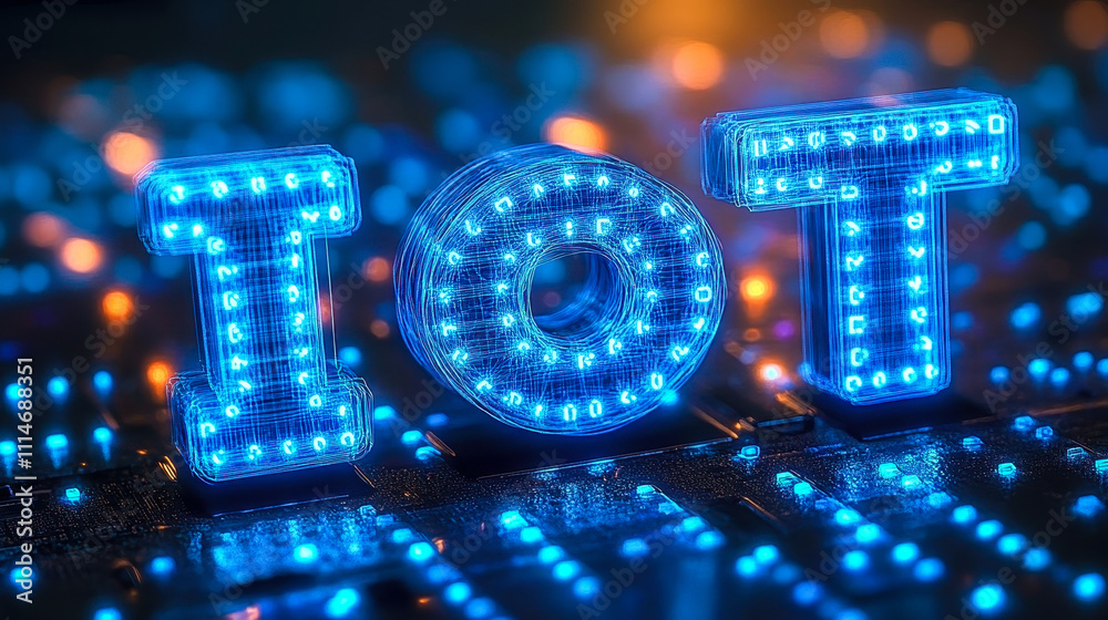 Poster digital blue matrix binary code forming iot symbolizing internet of things concept
