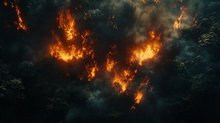 Fototapeta premium Aerial view of a large wildfire engulfing a forest at night, intense flames and smoke billowing.