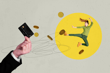 Composite photo collage of angry girl fight coin money credit card contactless payment usd capital...