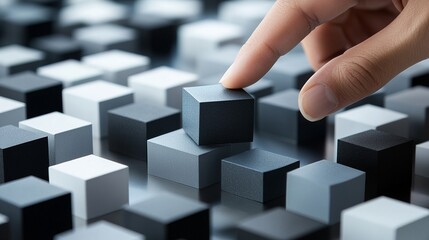 Hand Arranging Blocks in Shades of Gray, Black, and Icy Blue with a Sleek, Professional Vibe