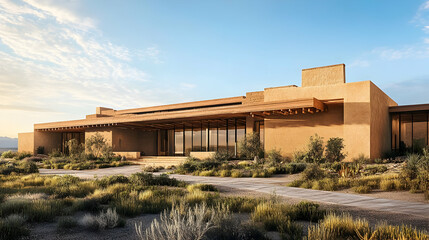 Fototapeta premium Adobe Pueblo Revival with Traditional Vigas and Mountain Views, Santa Fe Desert Estate Architecture