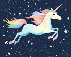 Unicorn with a pastel rainbow mane, flying through the stars, vector illustration for creative projects