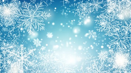 Delicate hand-drawn snowflakes in various shapes create a winter-themed background with soft blue hues and ample copy space for text. Generative AI
