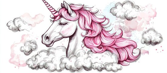 Unicorn with pink mane and clouds, hand-drawn illustration for creative projects