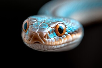 Fototapeta premium A macro shot of a blue snake's head showcasing intricate scale patterns and orange eyes, emphasizing its fierce and captivating expression in wild nature.