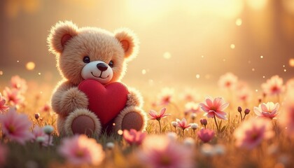 Fototapeta premium Cute teddy bear holding a red heart surrounded by flowers in warm sunlight
