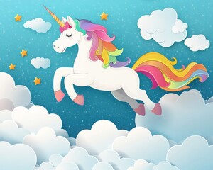 Unicorn with rainbow mane jumping through clouds, ideal for kidsa?? wallpapers or creative projects