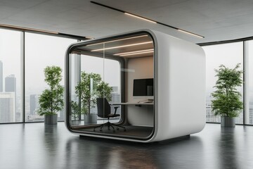 A futuristic office pod with glass walls, a desk, and a chair, surrounded by cityscape views, representing modern workspace solutions and minimalist design.