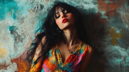 A portrait of a woman with long hair, vibrant attire, and striking makeup against a textured backdrop.