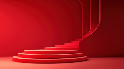 Gradient spiral stair podium on red background for stylish product presentation