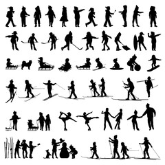 Children and family silhouettes, winter activity. Vector illustration.	
