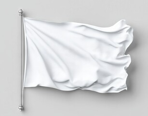 Closeup of a white flag waving on a flagpole, set against a gray backdrop.