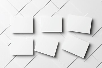 A closeup of white rectangle poster mockups, lying diagonally with a soft shadow on a neutral light grey concrete background. Flat lay, top view, open composition.