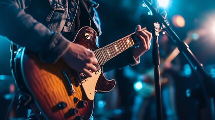 Obraz premium Close-up of a musician playing electric guitar on stage during a concert.