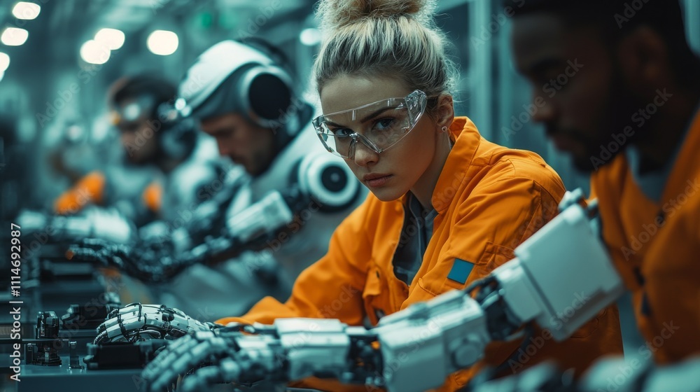 Aufkleber In a dynamic workspace, diverse individuals focus intently on assembling advanced robotic components