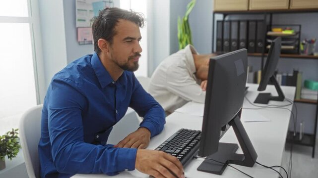 Men yawning and sleeping at computer desks in an office, depressed workers tired of working indoors in a business environment