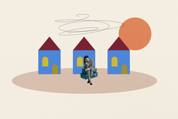 Composite photo collage of upset girl sit valise homeless home relocation stress immigrant travel...