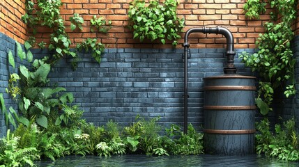 Fototapeta premium A lovely urban garden features a rustic rain barrel, lush plants, and textured brick walls enhancing its charm