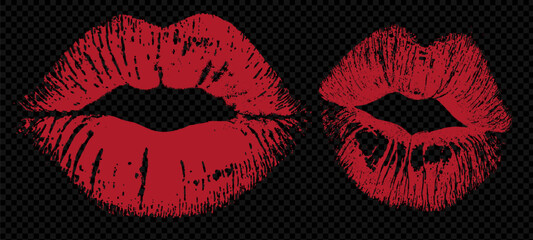 Vector illustration of lipstick kiss mark set. Sexy red lip shapes in silhouette, isolated on white. Romantic cosmetic imprint collection symbolizing love, passion, and beauty.