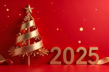 2025 with a Christmas tree on a red background, with a magical golden atmosphere.
