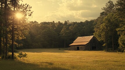 Fototapeta premium Rustic barn in a sun-drenched field, surrounded by a verdant forest at sunset.