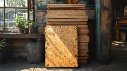 Sunlight bathes a stack of wooden boards in a historic workshop, showcasing the beauty of craftsmanship and nature