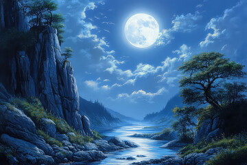 Full moon Night with river and tree vector illustrations 