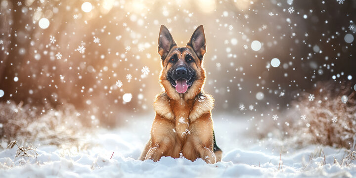 German Shepherd Dog in Winter Snowfall
