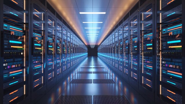 Row of network servers with glowing LED lights., showcasing an advanced and secure data center environment with cutting-edge technology.