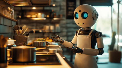 Fototapeta premium A happy robot cooking in the kitchen alongside a human, both wearing aprons in a sleek, modern setting