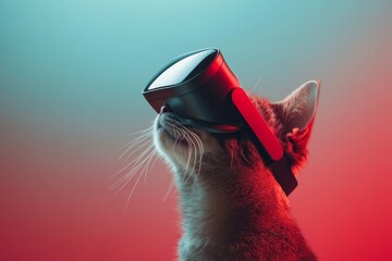 A curious cat with a virtual reality headset gazes upwards, blending modern technology with feline curiosity in a strikingly futuristic and playful image.