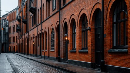 Obraz premium A brick building with arched windows and a brick sidewalk