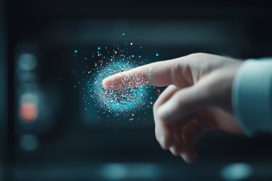 A futuristic image showing a finger touching sparkling digital particles, representing advancement, imagination, and the infinite possibilities in technology evolution.