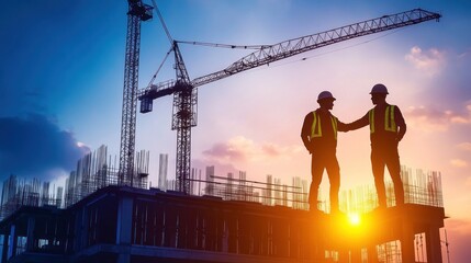 Construction Workers Silhouetted Against Sunset