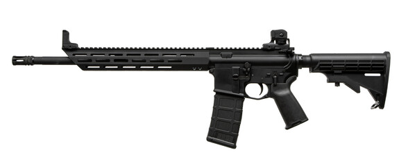 Modern AR-style rifle with a lightweight modular design, black matte finish, adjustable stock,...