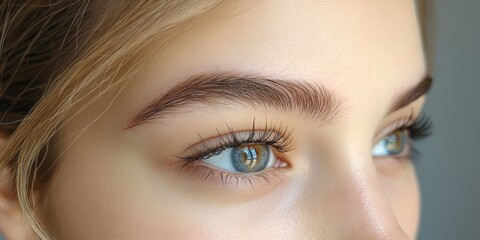 Fototapeta premium Captivating close-up of expressive blue eyes reflecting light and showcasing natural beauty in soft, warm lighting