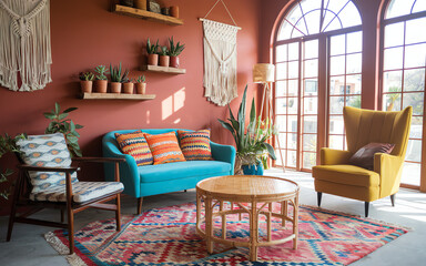 Fototapeta premium Bright and airy living room with colorful decor and plants in a cozy setting